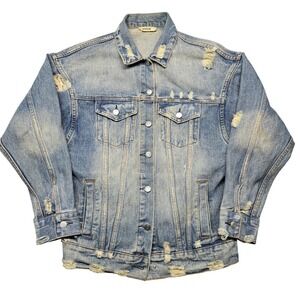 Essue Jacket Womens Small Blue Distressed Denim Graphic I'm Watching You Grunge